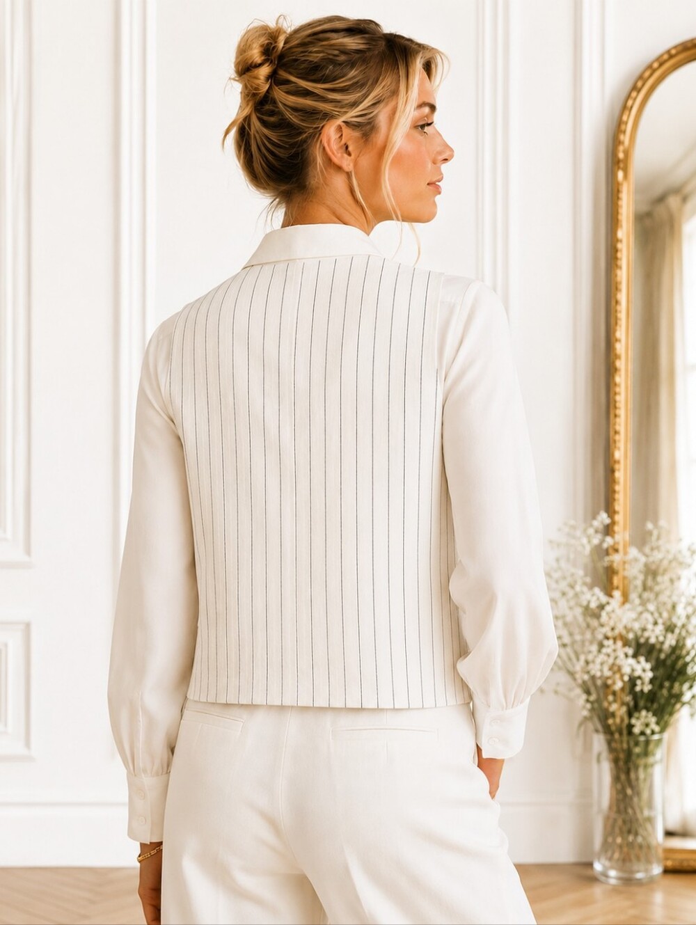 Scoop Linen Blend Pinstripe Button Front Vest | Ivory | Size XXL - Picture 2 of 8